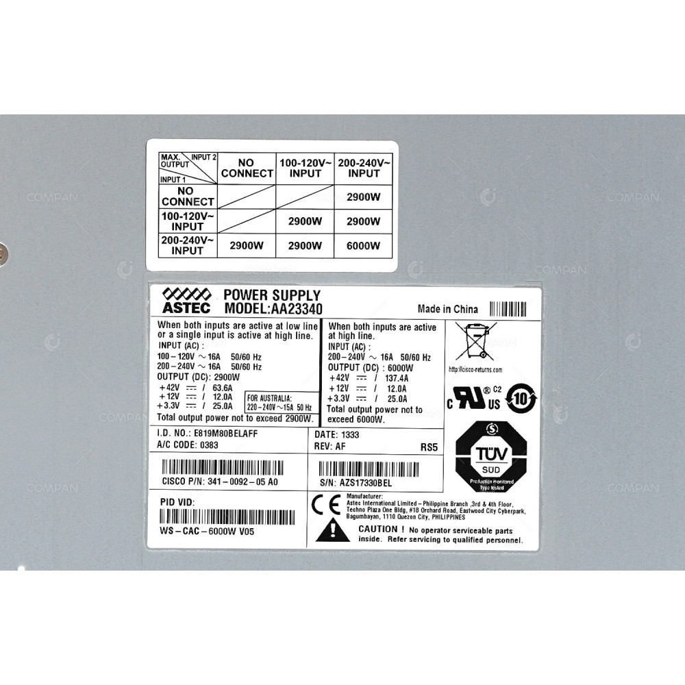 WS-CAC-6000W CISCO 6000W POWER SUPPLY FOR CATALYST 6509 SWITCH CHASSIS 341-0092-05, AA23340